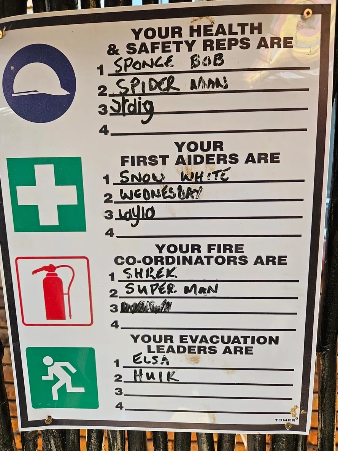 A playful site safety board listing cartoon characters as the health and safety reps